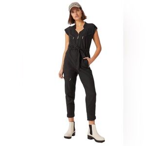 Anthropologie Black Cap-Sleeve Tie-Waist Jumpsuit with Gold Zippers Size XS